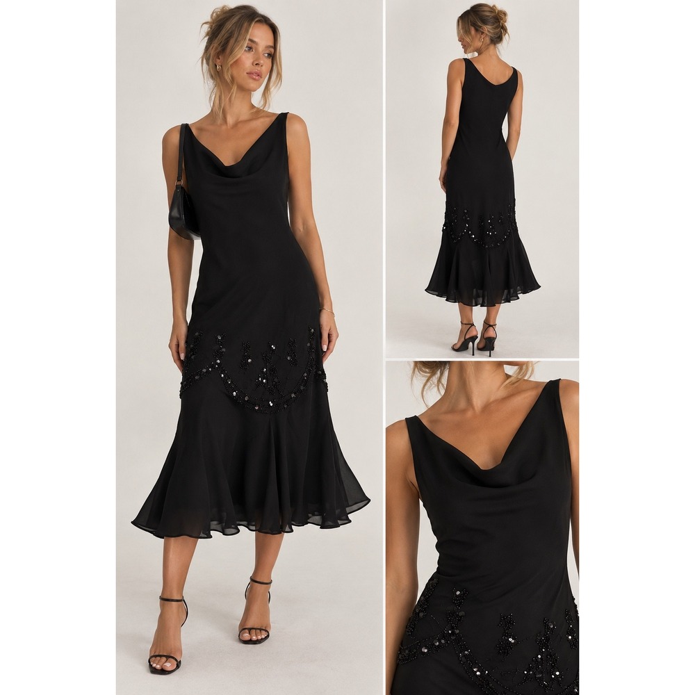 Y2K Drop Waist Gothic Black Cowl Neck Beaded Sequin Ruffle Hem Midi Dress